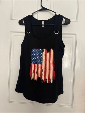 Tory Burch Black Tank Top with Distressed American Flag Graphic